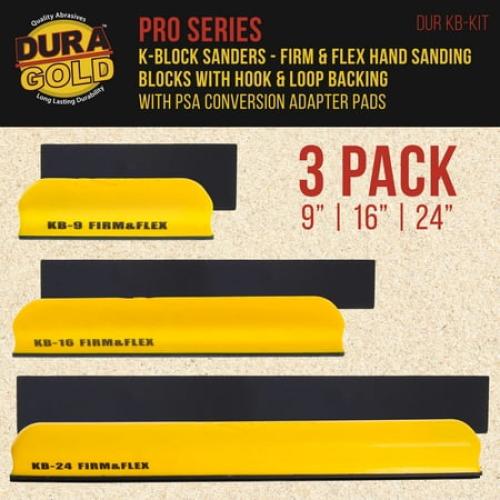 Dura-Gold Pro Series K-Block Sander Firm & Flex Hand Sanding Block Kit, 9, 16 and 24 with Hook & Loop Backing and PSA Sandpaper Conversion Adapter Pad, Automotive Marine Paint Prep Sand Woodworking