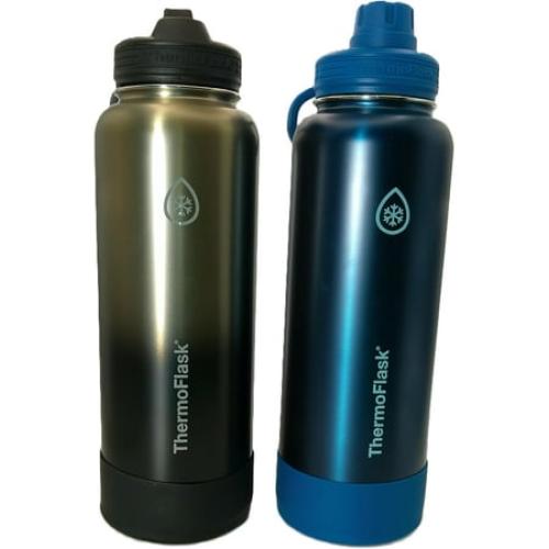 ThermoFlask Stainless Steel Water Bottle, 40 Fluid Ounce (2 Pack) (Blue/Silver)