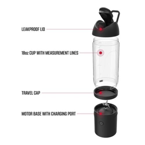 FitRx Rocket Electric Smoothie Blender Bottle, Rechargeable Portable Personal Blender, 18oz., Black