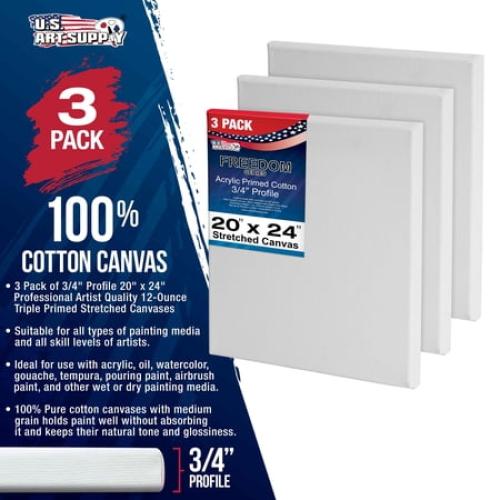 U.S. Art Supply 20 x 24 inch Stretched Canvas 12-Ounce Triple Primed, 3-Pack - Professional Artist Quality White Blank 3/4 Profile, 100% Cotton, Heavy-Weight Gesso - Acrylic Pouring, Oil Painting