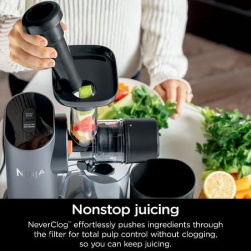 Ninja NeverClog 150W Cold Press Juicer with 18oz Jug, 30oz Pulp Container, 2-Speed, Compact, Red