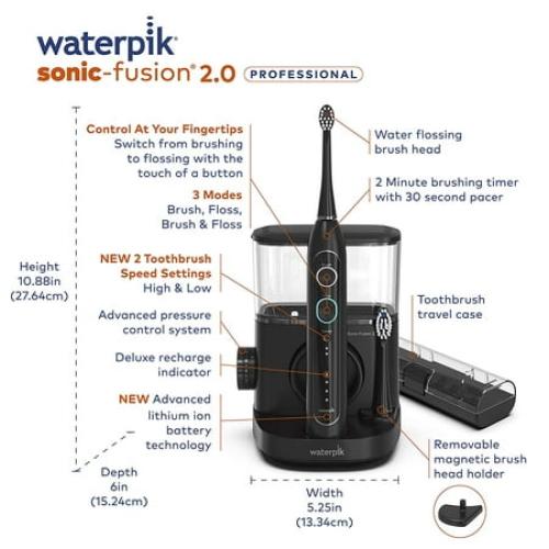 Waterpik SF-04 Sonic-Fusion 2.0 Professional Flossing Toothbrush, Electric Toothbrush and Water Flosser Combo In One Black