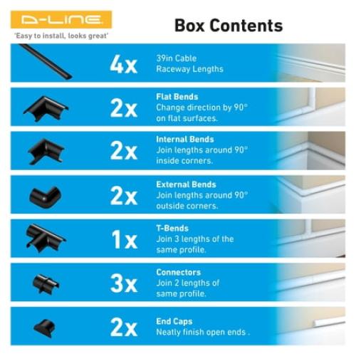 D-Line Black Half Round Cord Cover Pack, 0.78x0.39in, 4x 39in Lengths