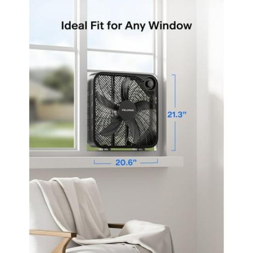 PELONIS Size 20 Inch Box Fan – 3 Speeds, 25ft/s, Floor Fans, Superior Air Throw (2295 CFM), Lightweight, 5 Blades, Portable & Durable for Bedroom, Office, Living Room, Garage