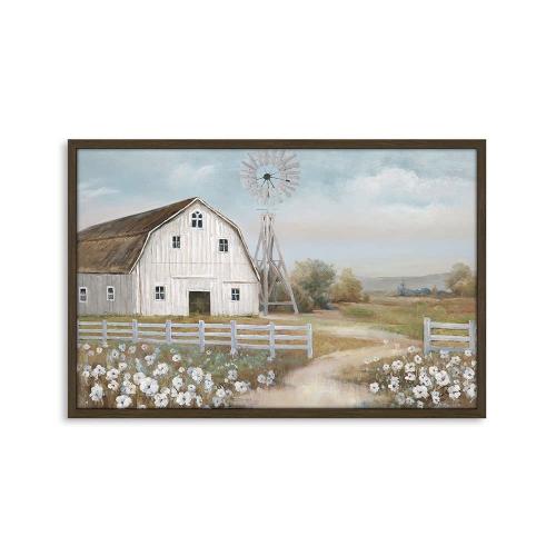 Pictures of Barns Prints Wall Canvas Old Rustic Bedroom Windmill Wall Decor Farmhouse Barn Pictures wall Art Blue sky and White Floral Retro Framed Paintings (36x 24)