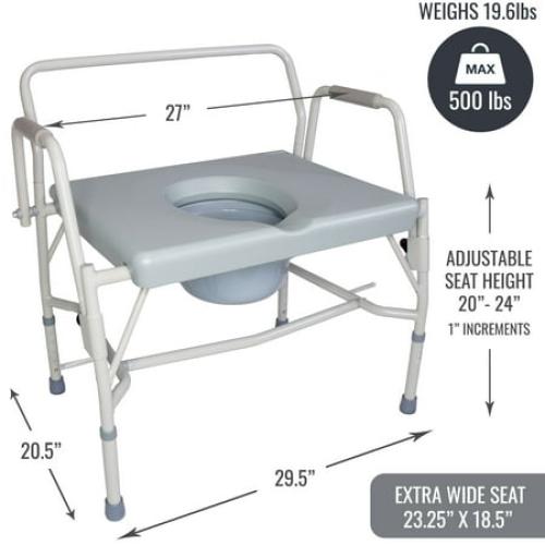 DMI 500 lb Capacity Portable Drop-Arm Bedside Commode, Adjustable Extra-Wide Seat, Bucket and Lid Included, Adjustable Legs, Grey