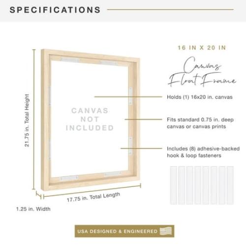 MCS Canvas Float Frames 16x20 Frame, Black Frame for Finished Canvases, Vertical & Horizontal Wall Hanging Large Frame with Adhesive for Canvas Paintings (1-Pack)