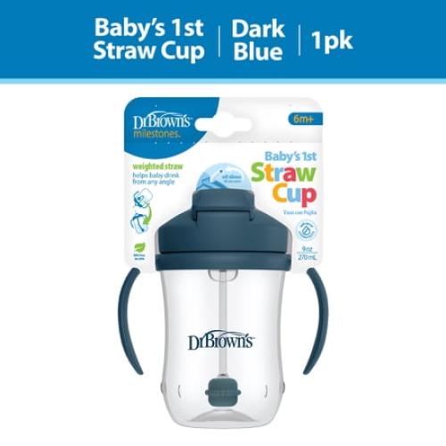 Dr. Brown's Milestones Baby's First Straw Cup, Training Cup with Weighted Straw, 9oz/270ml, Dark Blue, 6m
