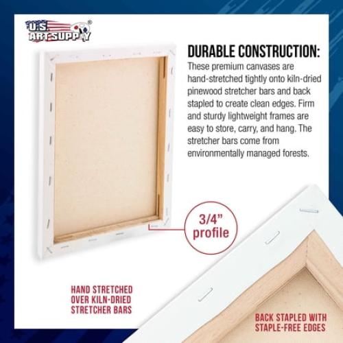 U.S. Art Supply 20 x 24 inch Stretched Canvas 12-Ounce Triple Primed, 3-Pack - Professional Artist Quality White Blank 3/4 Profile, 100% Cotton, Heavy-Weight Gesso - Acrylic Pouring, Oil Painting