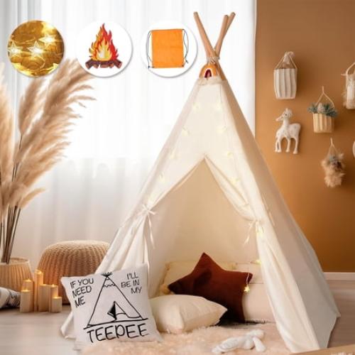Teepee Tent for Kids Foldable Teepee Play Tent with Fairy Lights, Carry Case Water Resistance, Pretend Camp Fire, Four Poles Style Raw White Color - New Version Tiny House little dove