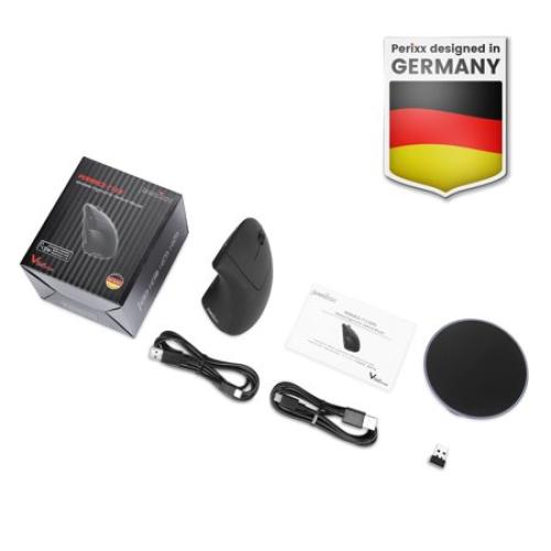 Perixx PERIMICE-713RX Wireless Rechargeable Vertical Mouse - Duo Wired and Wireless Charging Feature - Wireless Charging Pad Included - 6 Buttons Design - Black - Right-Handed Design