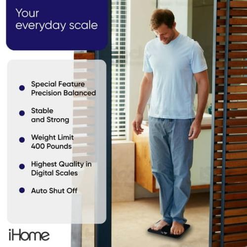 iHome Digital Battery Powered Bathroom Scale 397 lbs with Fit  Personal Coach App, FSA and HSA Eligible, Black