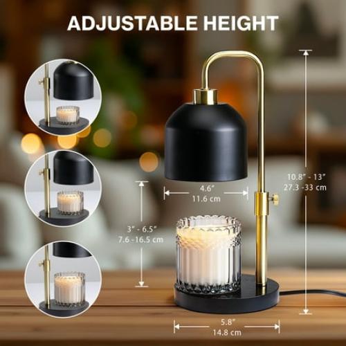 Better Homes & Gardens Matte Black Metal Candle Warmer Lamp with Adjustable Height, Gold Accent