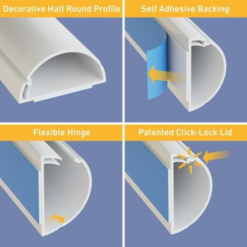 D-Line White Half Round Cord Cover Pack, 1.18x0.59in, 4x 39in Lengths
