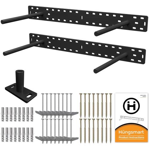 HÜNGSMART Floating Shelf Brackets - - 2 x 22 inch Heavy Duty Steel Hidden Shelves (to 300 lbs) - - Multi Slot Baseplate for Easy Fast Fitting - - Incl Hardware & Drilling Jig - - (10 inch Rods) Backplate: 22 x 2 inch 10 inch Rod