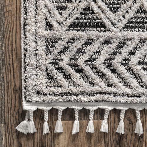 nuLOOM 2x8 Ansley Moroccan Tassel Area Rug Grey High-Low Textured Bohemian Design Plush High Pile Stain Resistant For Bedroom Living Room Hallway Entryway