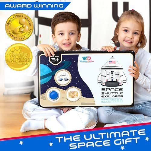 W&O Space Shuttle Explorer Tent with Blast-Off Button LED Lights & 3 Space Toys – Rocket Ship Play Tent for Kids Ages 3-5