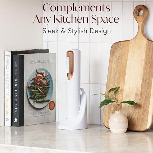 Rechargeable Electric Wine Bottle Opener - Charging Base and Foil Cutter Included with Automatic Wine Opener - Electric Corkscrew for Easy Cork Removal - Best Gift for Wine Lover (White & Rose Gold)