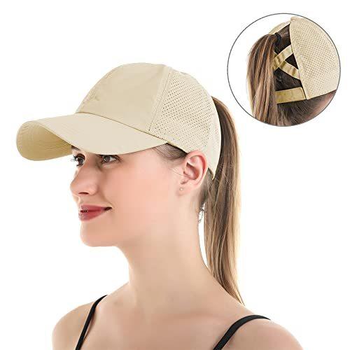 UTTPLL Ponytail-Baseball-Adjustable-Ponycap-Trucker Hats Women Summer Mesh Sports Criss Cross Caps Sun Protection Unconstructed Dad Hat Khaki