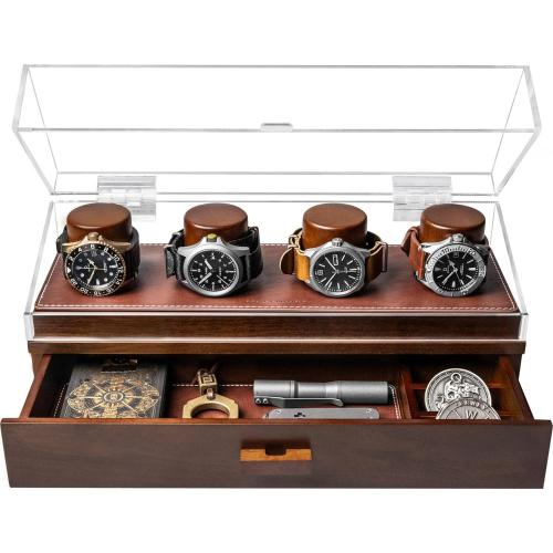Elevate Your Watch Collection with The Watch Deck Pro – Premium Watch Display Case for 4 Watches – Easy Access, Drawer & Leather Lining – Wooden Mens Watch Box & Watch Case – Lifetime Assurance Watch Deck Pro Walnut