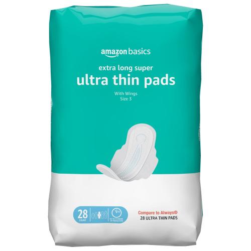 Amazon Basics Ultra Thin Pads with Flexi-Wings for Periods Extra Long Length Super Absorbency Unscented Size 3 28 Count 1 Pack (Previously Solimo)