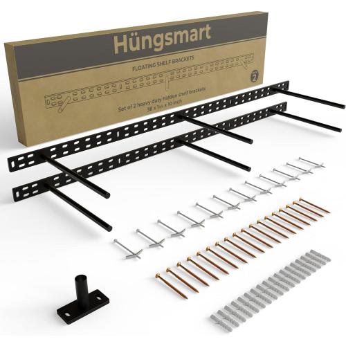 Set of 2 Floating Shelf Brackets 38 inch Multiple Mounting Location Hit 3 Studs Heavy Duty Perfect Bracket for Long Shelf/ Hidden Wall Shelves Support Hardware Kitchen/Living Room/Office(10 inch Rods) Backplate: 38 x 1 1/4 inch 10 inch Rod