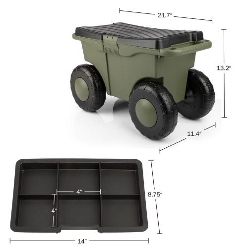 1.89 cu. ft. Green Plastic Rolling Garden Cart with Seat - Storage with Bench and Interior Tool Tray - Gardening Stool