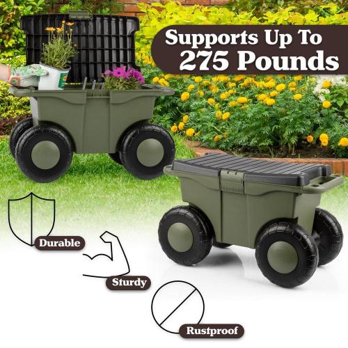 1.89 cu. ft. Green Plastic Rolling Garden Cart with Seat - Storage with Bench and Interior Tool Tray - Gardening Stool