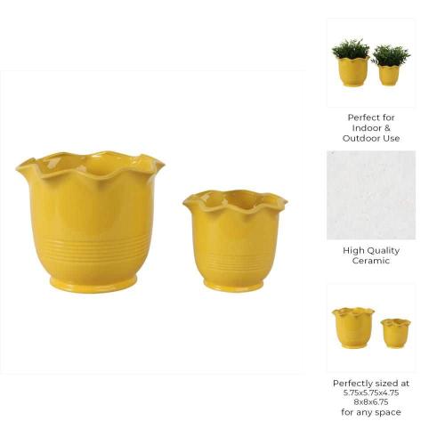 6 in. and 8 in. Yellow Ceramic Round Fluted Decorative Pots (Set of 2)