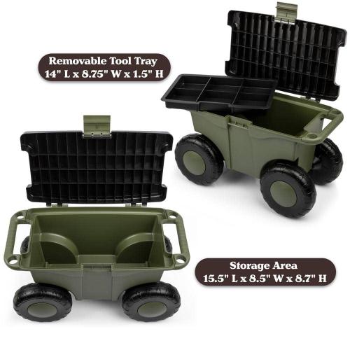 1.89 cu. ft. Green Plastic Rolling Garden Cart with Seat - Storage with Bench and Interior Tool Tray - Gardening Stool