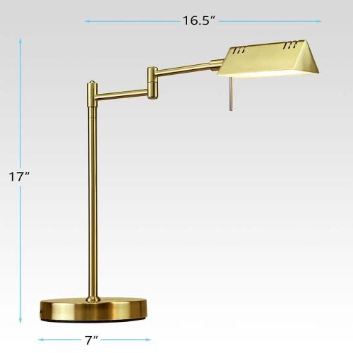 DL05D, 17 in. Gold, Pharmacy, Desk, Reading, Craft, Work Table LED Lamp, 12 W LED Full Range Dimming, 360º Swing Arms