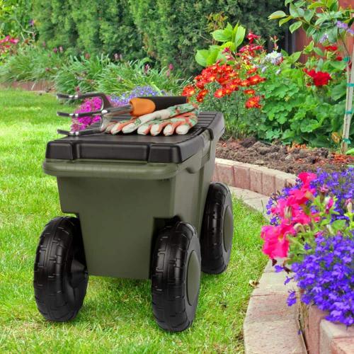 1.89 cu. ft. Green Plastic Rolling Garden Cart with Seat - Storage with Bench and Interior Tool Tray - Gardening Stool