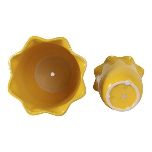 6 in. and 8 in. Yellow Ceramic Round Fluted Decorative Pots (Set of 2)