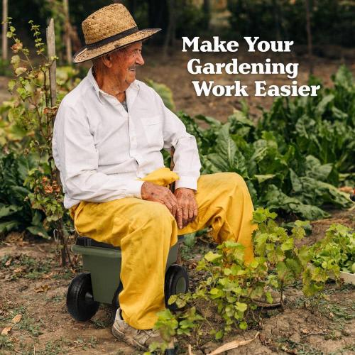 1.89 cu. ft. Green Plastic Rolling Garden Cart with Seat - Storage with Bench and Interior Tool Tray - Gardening Stool