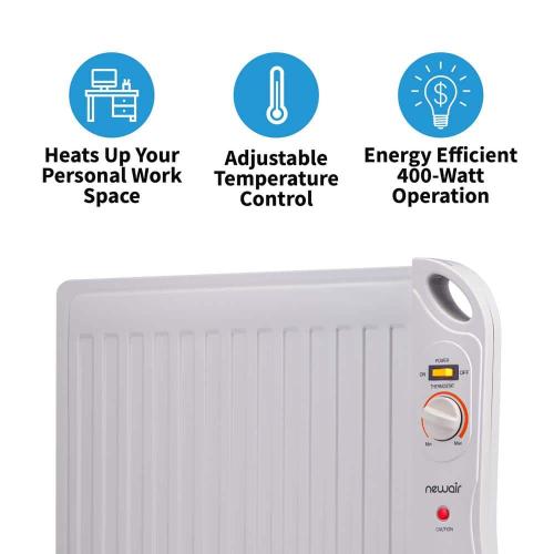 NewAir Portable 400-Watt Electric Oil-Filled Silent Slim Fit Design Under Desk Heater with Energy Efficient Operation - White