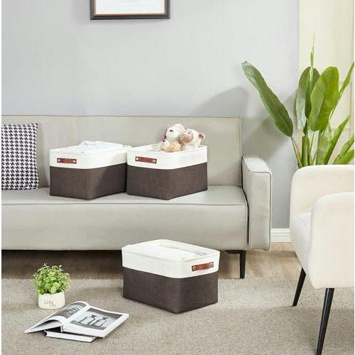 DECOMOMO Storage Bins Fabric Storage Baskets for Shelves Linen Closet Organization Toys Nursery (Brown and White Large - 3 Pack)