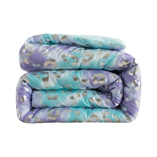 Your Zone Metallic Foil Cheetah Full Bedding Set for Kids, Purple, 7 Pieces with Storage Bag