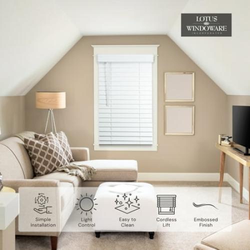 Lotus & Windoware Cordless 2 Faux Wood Room Darkening Horizontal Blind, 28 W x 60 L, Bright White, Embossed