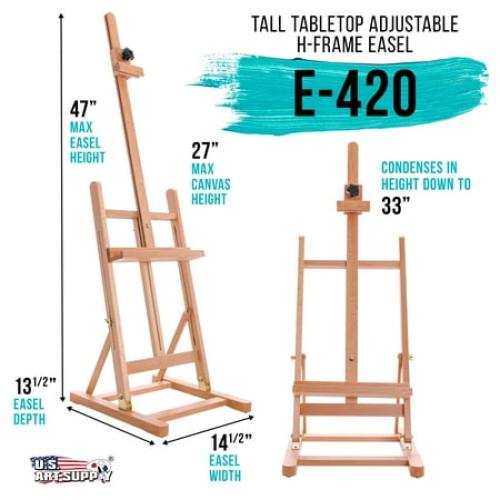 U.S. Art Supply Medium Tabletop Wooden H-Frame Studio Easel, Artist Adjustable Beechwood Paint Display Easel, 27 Canvas