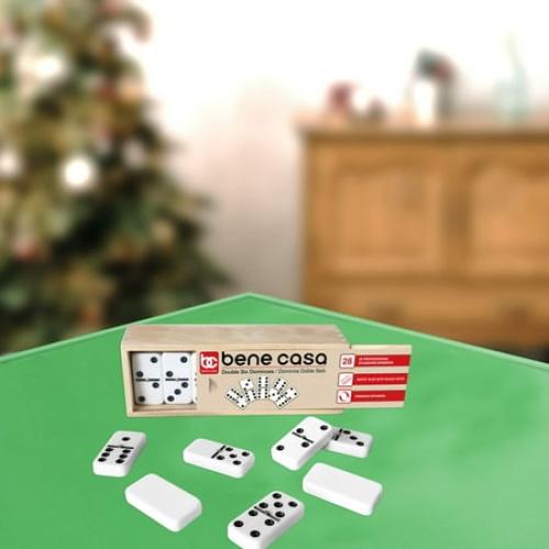 Bene Casa 28-Piece Handcrafted Glossy White Double 6 Domino Set with Wooden Storage Box