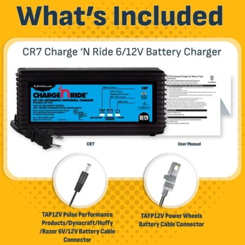 Schumacher Electric Automatic Battery Charger for Ride-On Toys 3 Amps, 6/12V 3 or 4 Wheeled Toy Car Battery Cable Connector, CR7