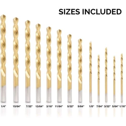 NEIKO 10038A Left-Hand Drill-Bit Set, High-Speed Steel Drills with Titanium Nitride Coating, Reverse-Twist Drill Bits, SAE Sizes, 13-Piece Set