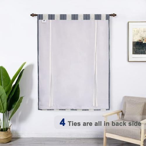 DriftAway Chris Vertical Striped Pattern Blackout Room Darkening Thermal Insulated Tie Up Adjustable Balloon Rod Pocket Curtain for Small Window, 45 x 63, Ivory Dark Blue