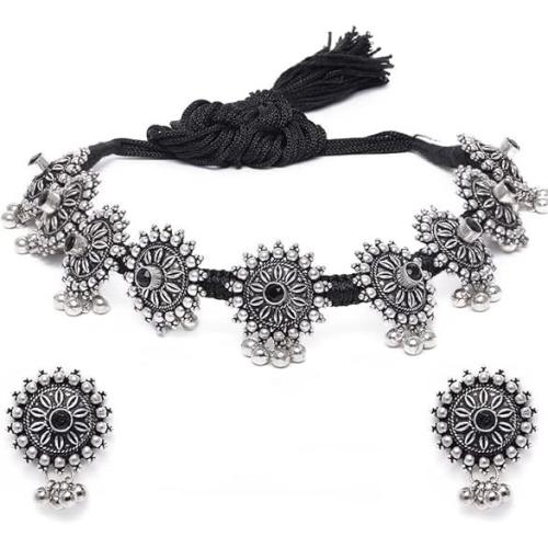 Binnis Wardrobe Oxidized Sunflower Stone Jewellery Set (Necklace, 2 Earrings)