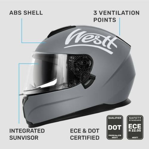 Westt Full Face Helmet - Motorcyle Helmet with Dual Visor DOT Approved - Grey S