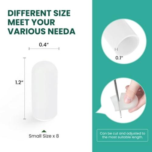 Welnove Gel Toe Cap and Protector - Silicone Toe Covers - Toe Cushions for Pain Relief, Missing or Ingrown Toenails, Corns, Calluses, Blisters - Infused Aloe Vera Extract (8 Small, Clear)