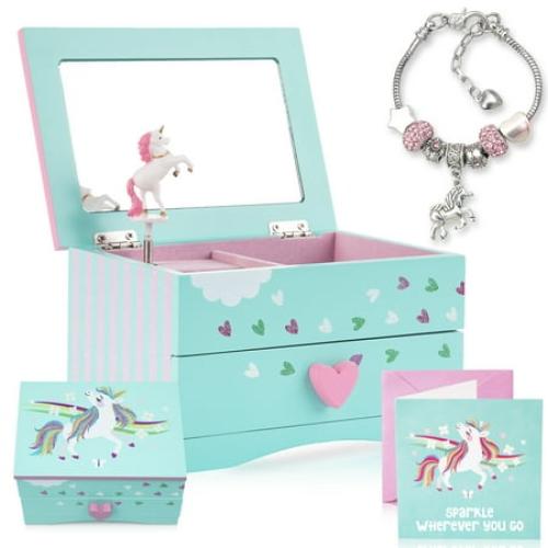 Amitie Lane Itsy Unicorn Musical Jewelry Box, Unicorn Charm Bracelet, Girls Ages 6 , Mint Green