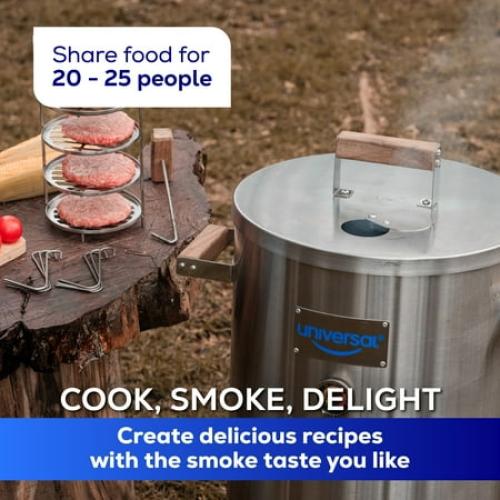 Universal 20-pound Stainless Steel (25-servings) Charcoal Barrel Smoker with Thermometer & Airlock system - 20.5x 29.6 x ⌀15.5, 2 in 1 Vertical Grill and Smoker, Slow Cooking Barrel