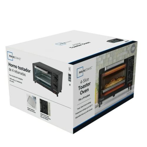 Mainstays 4-Slice Countertop Toaster Oven with 3 Settings, Includes Baking Rack and Pan, Black, New
