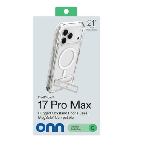 onn MagSafe Compatible Rugged Phone Case with Kickstand for iPhone 17 Pro Max - Clear